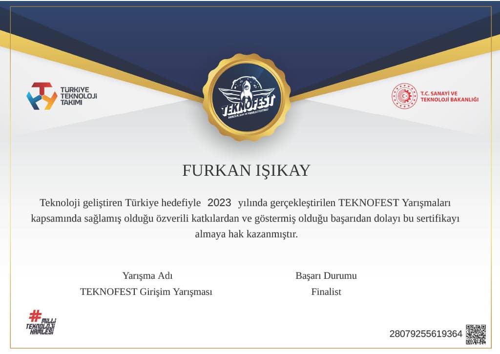 Teknofest 2023 Entrepreneurship certificate of accomplishment